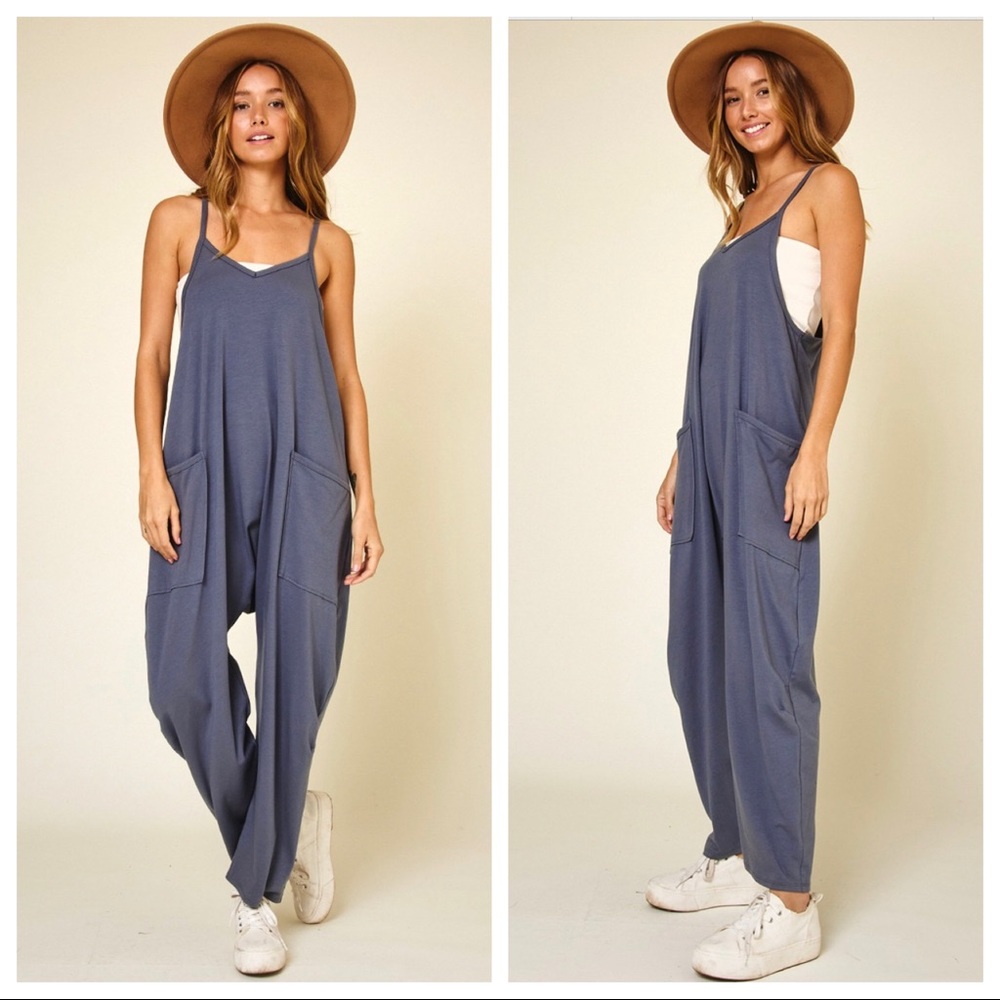 Jamie Dark Grey V neck Front Pockets Jumpsuit - Picture 2 of 4